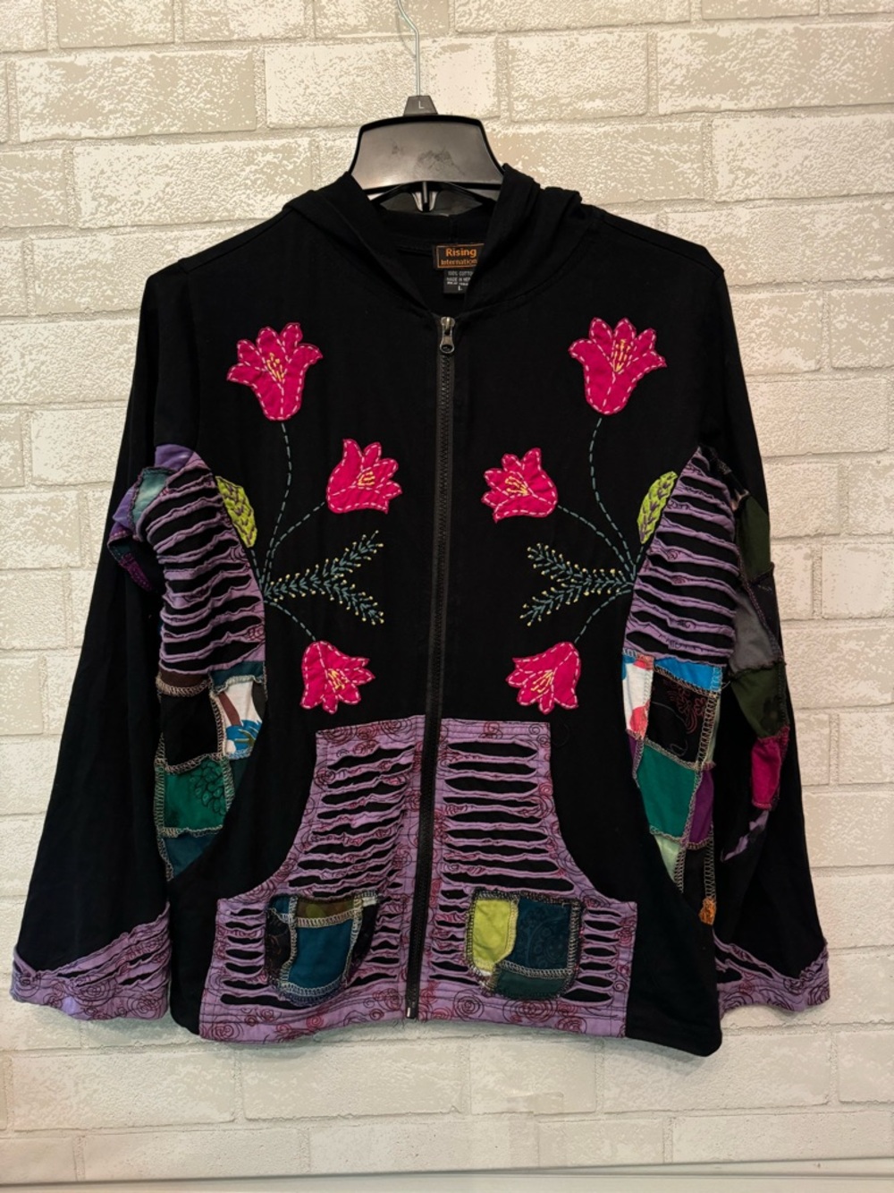 Black Zip-Up Hoodie Jacket with Pink Floral Appliqué
